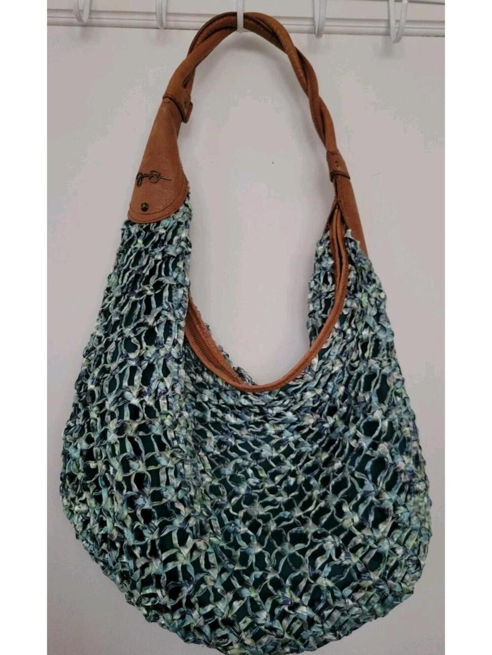 Jessica Simpson Woven Hobo Bag Blue Green Mesh Brown Braided Strap Boho Shoulder